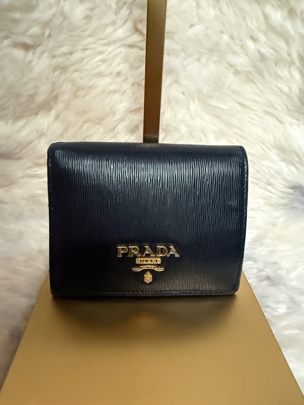Prada Black Textured Leather Compact Wallet with Gold Logo